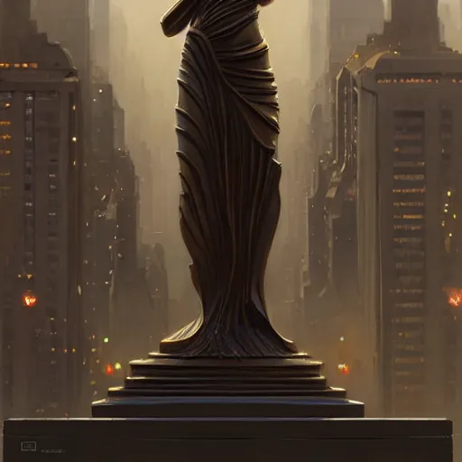 Image similar to a bronze statue stands as the centerpiece of futuristic art deco new york city, fantasy, intricate, elegant, digital painting, trending on artstation, concept art, sharp focus, illustration by greg rutkowski, Gaston Bussiere and artgerm, 4k.