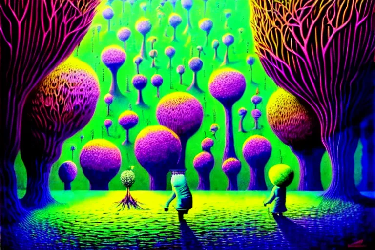 Image similar to surreal glimpse into another dimension, weird living things, very coherent and colorful high contrast, art by!!!! gediminas pranckevicius!!!!, geof darrow, floralpunk screen printing woodblock, dark shadows, hard lighting, stipple brush technique,