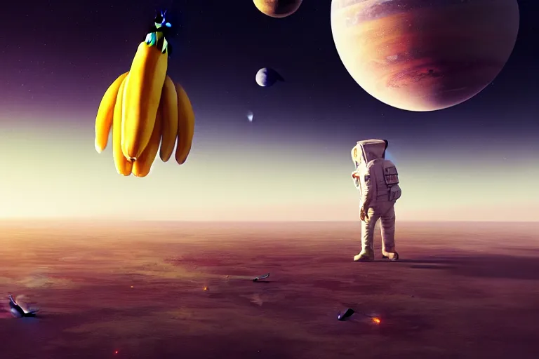 Image similar to a gigantic banana floating in space, other planets in the background, illustration, digital art, matte painting, by greg rutkowski, detailed, sharp, masterpiece, highly detailed, photorealistic, octane render, 8 k, unreal engine 5, trending on artstation