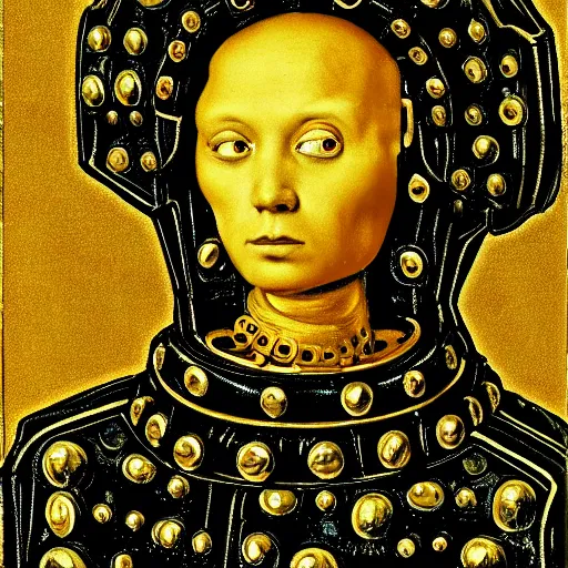 Image similar to a portrait of a shiny metallic renaissance steampunk robot, in the style of Jan van Eyck,