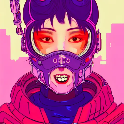 Prompt: portrait painting of cyberpunk chuu kpop cheerful smiling mercenary, sharp focus, award - winning, trending on artstation, masterpiece, highly detailed, intricate. art by josan gonzales and moebius and deathburger