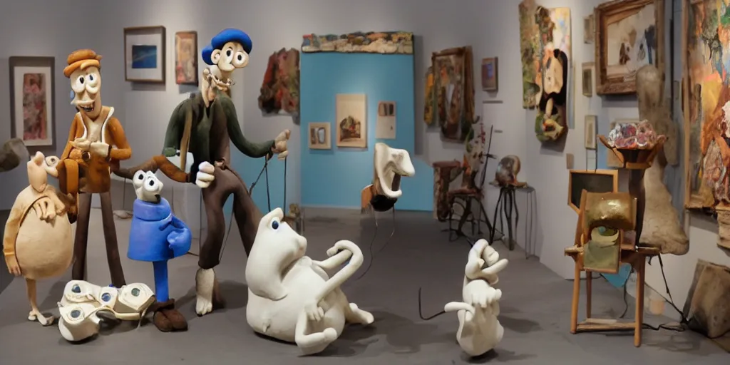 Prompt: wallace and gromit visit a gallery, clay, art exhibition, contemporary art,