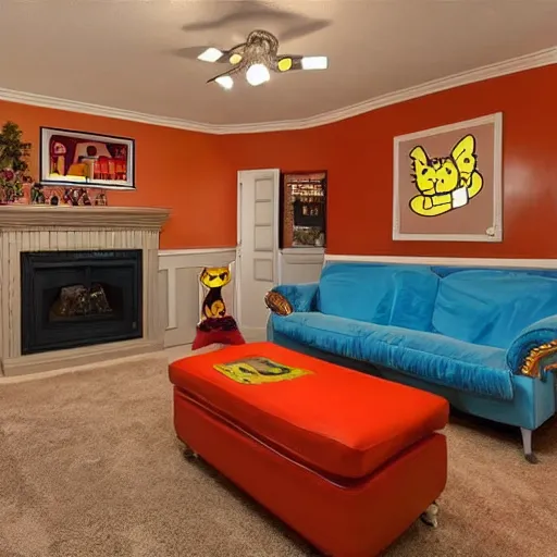 Image similar to photo of interior of a silly garfield themed house