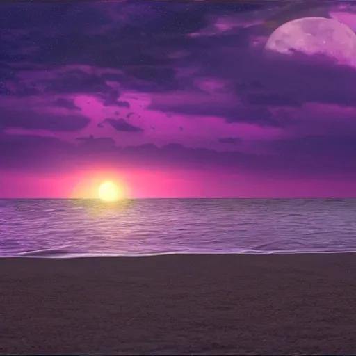 Prompt: a sunset on the beach, its raining, purple light from the moon, photorealistic detailed
