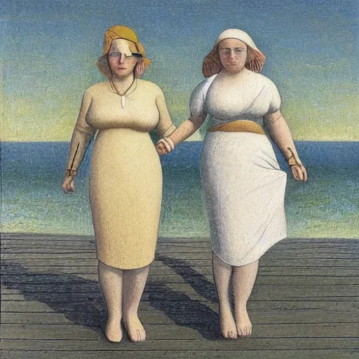 Image similar to two women!!! holding hands! on a pier! next to the ocean!! looking at the camera! by grant wood!-H 768