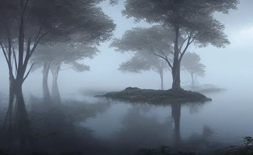 Image similar to a strange lake directed by charlie kaufman ( 2 0 0 1 ) anamorphic lenses, heavy fog volumetric light, cinematic trending on artstation in the style of greg rutkowski