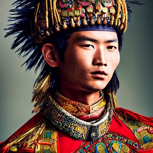 Image similar to a portrait of a beautiful young tibetan male wearing an alexander mcqueen armor , photographed by andrew thomas huang, artistic