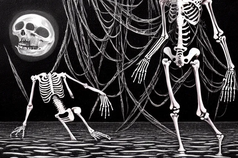 Image similar to highly detailed fine painting Macabre Dancing skeletons eerie moonlit under water under water scene fantasy digital art by H.R. Giger deviantart