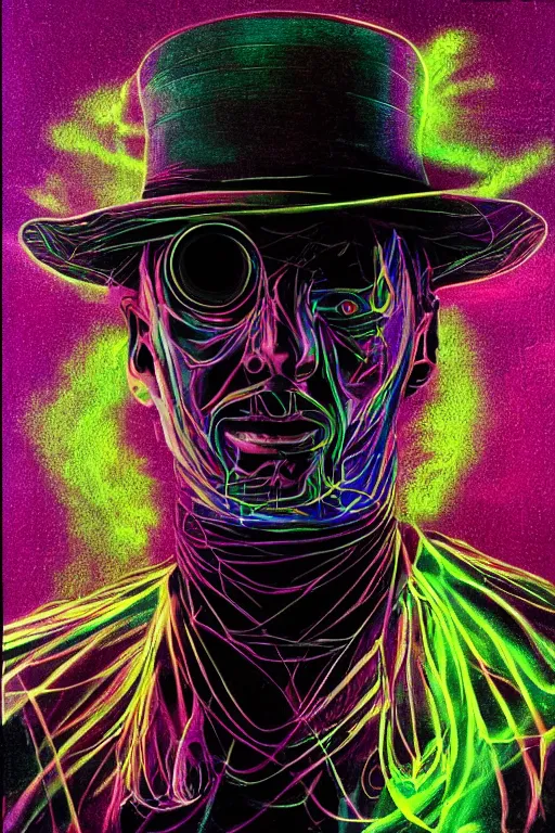 Image similar to A portrait of Thom Yorke as a cyberpunk wearing a bowler hat, iridescent highlights, surrounded by digital swirls, highly detailed, intricate, soft, sci-fi, sharp focus, glowing lines, art by Moebius