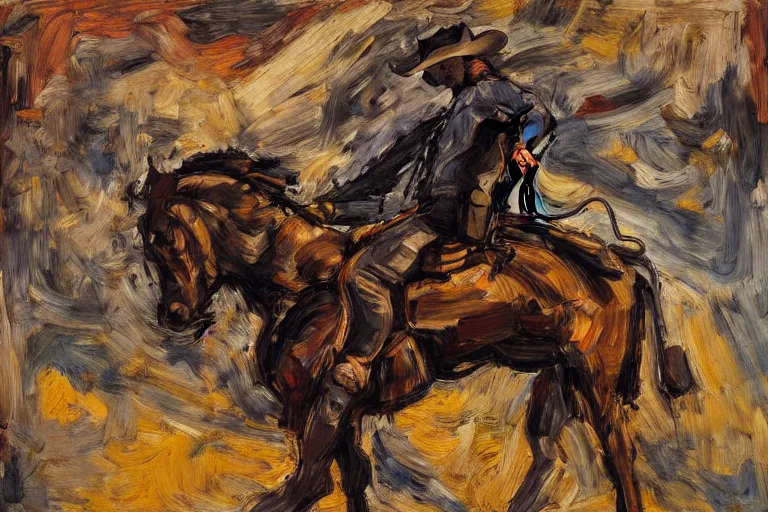 Image similar to an extremely detailed full body masterpiece painting of a cowboy gunslinger from a low angle sitting on his horse, in the style of frank auerbach, epic scene, tensive mood and action, muted colors