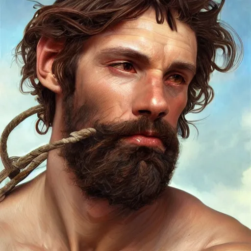 Image similar to portrait of a rugged greek god with the head of a wirehaired dachshung, salt and pepper hair, soft hair, d & d, muscular, fantasy, intricate, elegant, highly detailed, digital painting, artstation, concept art, smooth, sharp focus, illustration, art by artgerm and greg rutkowski and alphonse mucha