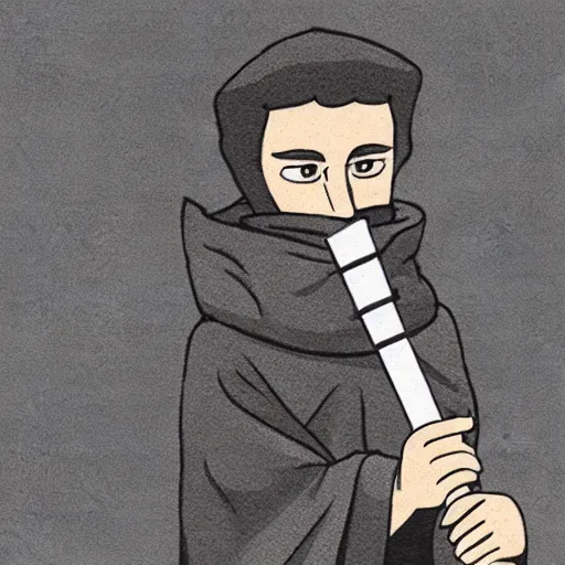 Prompt: a sticker illustration of a man in a grey cloak holding a katana