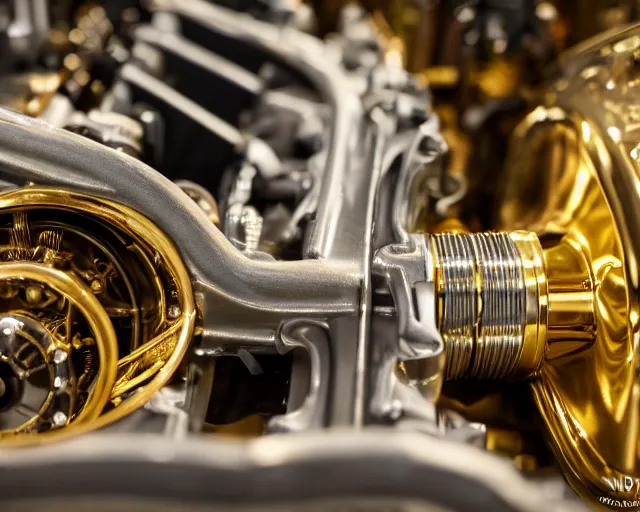 Image similar to 5 0 mm photography of a holy golden car engine mechanism. highly immaculate detailed 8 k. intricate. lifelike. nikon d 8 5 0. tiltshit. motion blur. dof