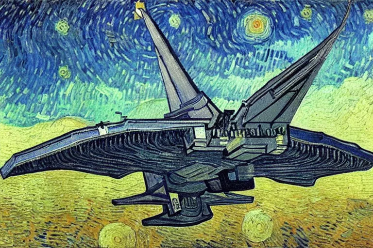 Image similar to detailed oil painting of an Imperial Shuttle spacecraft flying away from earth by Vincent van Gogh