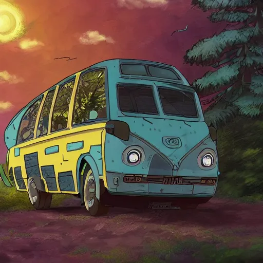 Image similar to A half wold and a half bus, called Wolfbus in anime style, looking like Catbus in Ghibli studio cartoons. 8k Resolution illustration. Trending on ArtStation and DeviantArt.