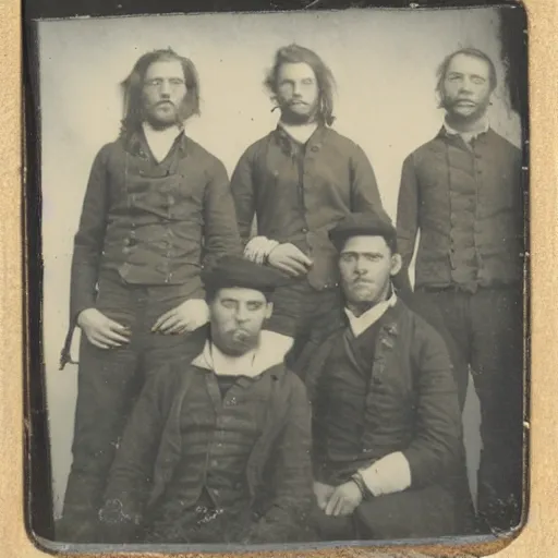 Image similar to a tintype photo of the crew of an 1800's whaling ship