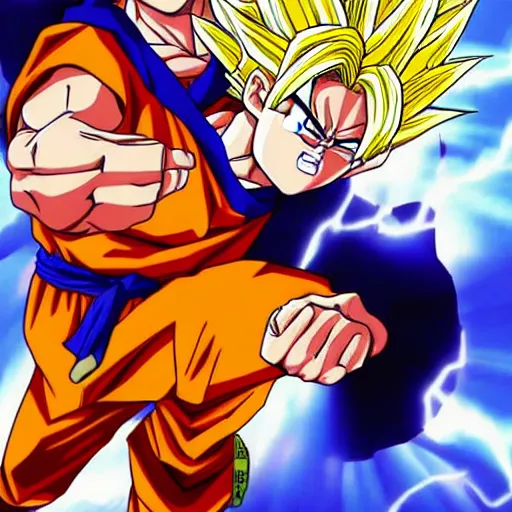 Image similar to super sayan goku fighting anime drawing of jesus with a beard and a white robe, goku fighting jesus