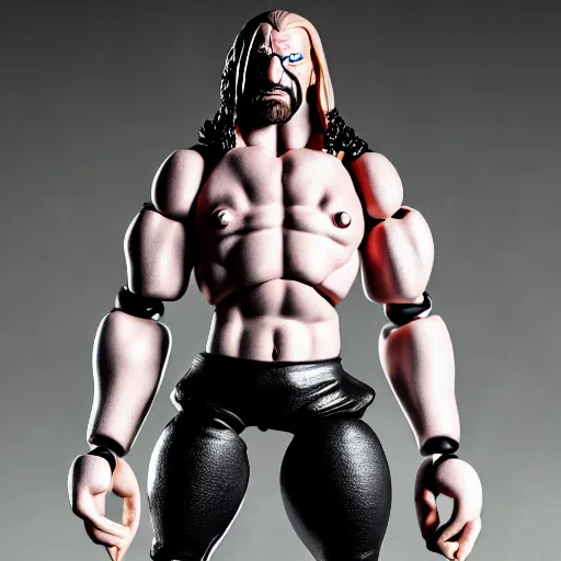 Image similar to Full body shot of a highly detailed flexible Triple H vinyl plastic figurine as a villain, highly detailed face, white background, 3d, high quality, depth of field, high contrast, 8k, concept art, smooth, sharp focus, highly detailed, wrestling, WWE