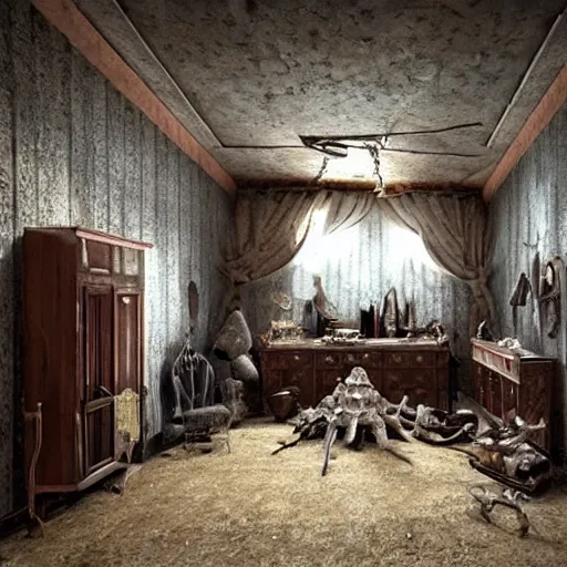Prompt: room of a dark mansion, objects from ritual in the ground, realistic, highly detailed, the shining