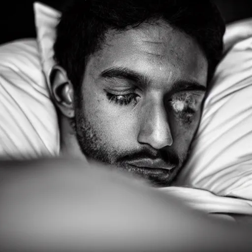 Prompt: black and white press photograph, highly detailed portrait of a depressed drug dealer lying in bed, detailed face looking into camera, eye contact, natural light, mist, fashion photography, film grain, soft vignette, sigma 85mm f/1.4 1/10 sec shutter, Darren Aronofsky film still promotional image, IMAX 70mm footage