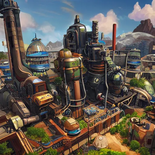 Image similar to sci fi power plant from apex legends in a pleasant urban setting surrounded by families, art station, ultra hd, soft light, overhead sun, ultra hd, art station