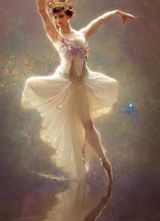 Prompt: a beautifull intricate gemstone painting of a dancing ballerina, reflexions, verry high details by william turner art, greg rutkowski and alphonse mucha, trending on artstation, very very detailed, masterpiece, muted colors