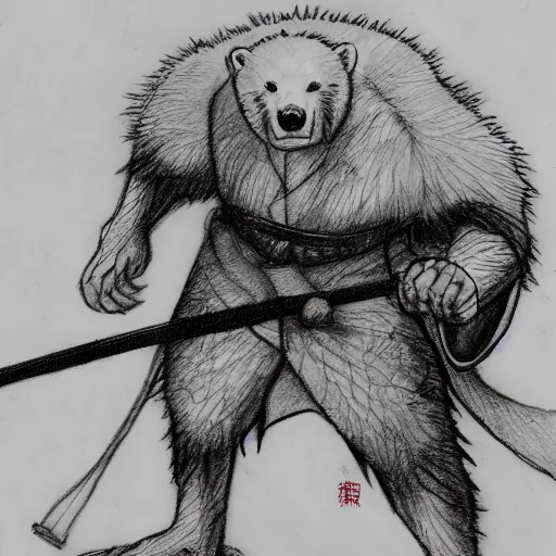 Image similar to a determined polar bear shogun drawing his sword, anime style