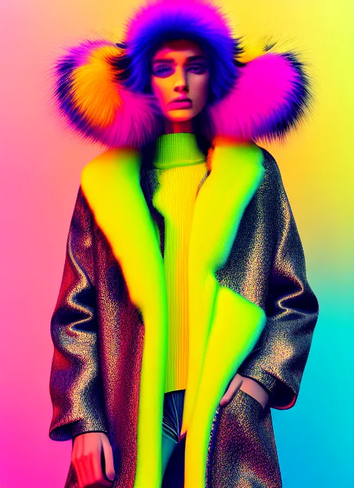 Prompt: coat for a rave With fur, hairstyle, earrings, bright soft colors, soft yellow background, many details, prints, photo for a magazine, photo for a store, fashion photography, Vogue, low angle photo, wide angle , cinematic, hyper realism, high detail, octane render, 8k, chrome accents, very coherent symmetrical artwork, perfect face model, Soft light, Reduced contrast,uniform light skin color of the model