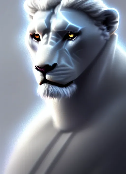 Prompt: an anthromorphic male white lion in a cybersuit, diffuse lighting, fantasy, highly detailed, photorealistic, digital painting, artstation, illustration, concept art, smooth, sharp focus, in the style of tom bagshaw