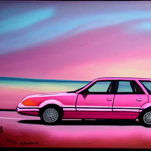 Pink Car with Big Bow and Oil Painting of Snow and Mountains with