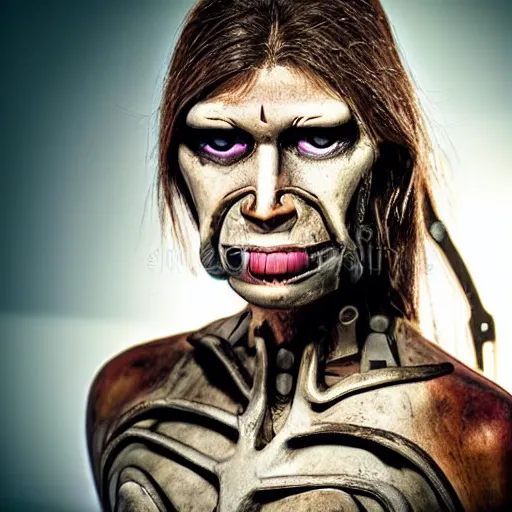 Prompt: portrait photo of a beautiful cyborg female Neanderthal old book style