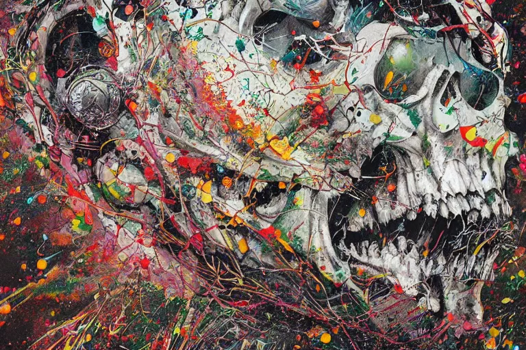 Image similar to a splattered action painting by jackson pollock showing a skull, ultradetailed, fine art painting, peter mohrbacher, moebius, face carving, frottage, watercolor, acrylic, multilayered paint, spectacular splatter explosion, psychedelic art