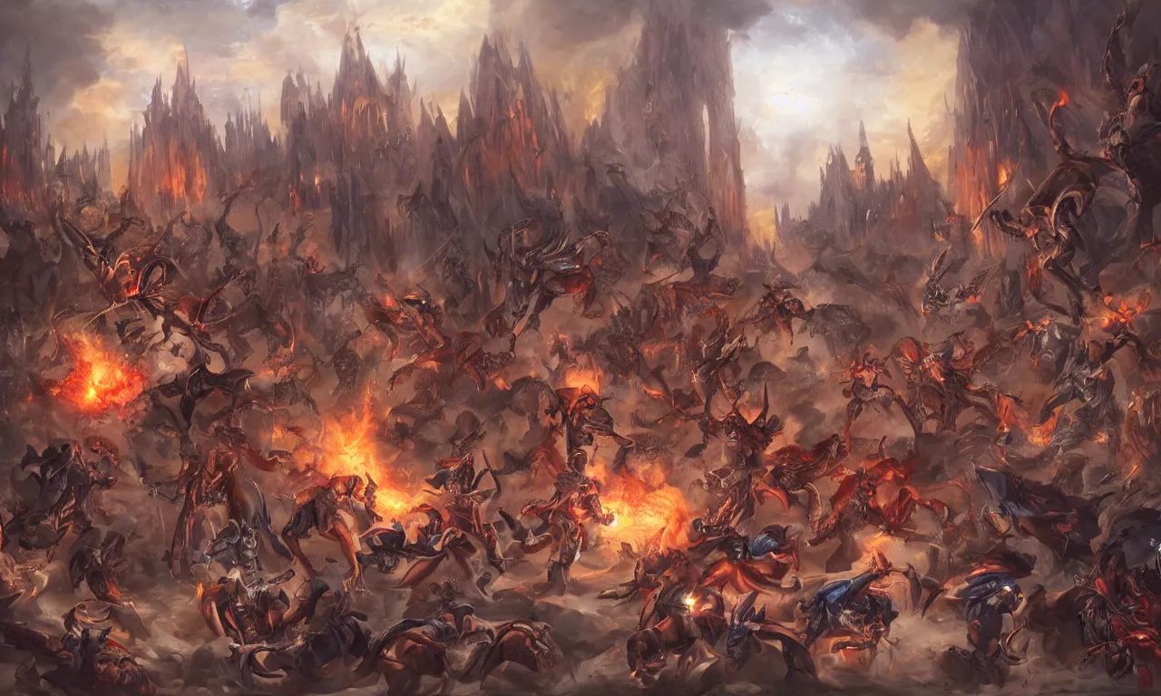 Image similar to epic battle between human warriors mages and demons, cathedrals and abbeys, by liang xing