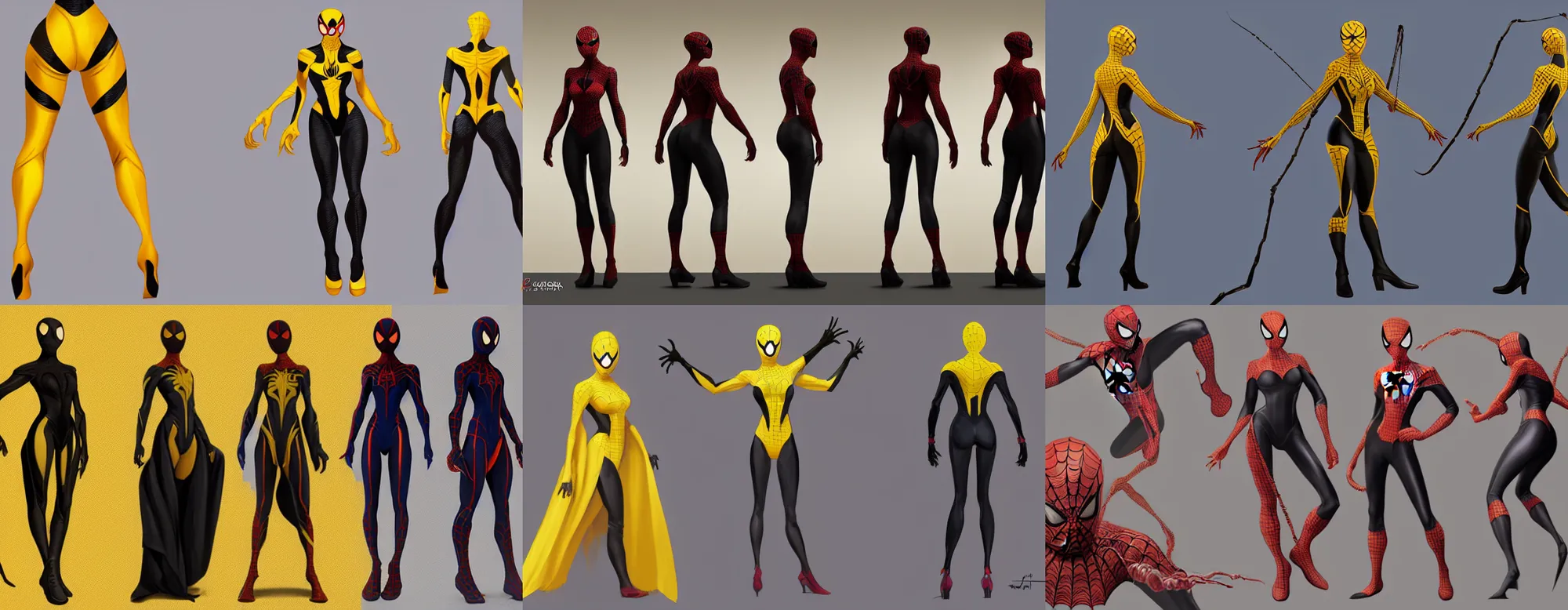 Prompt: full body character turnaround of a woman in an orb weaver outfit, character sheet, matte painting, spiderman!!, spiderwoman!!, john singer sargent, good value control, highly detailed portrait, character turnaround, digital painting, concept art, sharp focus, smooth, 3 d model, illustration, yellow and black color scheme,