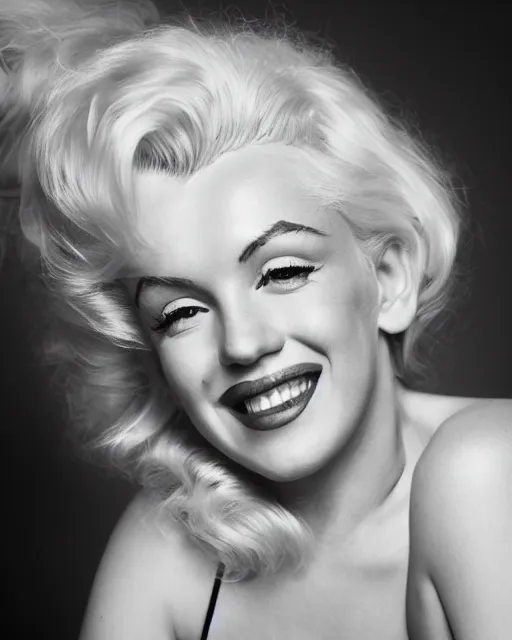 Image similar to Beautiful Head and shoulders portrait of smiling flirty seductive Marilyn monroe with platinum blonde hair, wearing a camisole by arney freytag, artstation, 35mm, fashion photoshoot, laying on a bed in a photo studio, golden hour, bokeh, rim lighting, fashion pose, octane, 4k