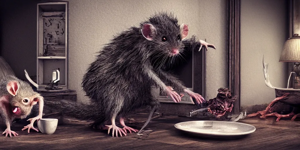 Image similar to a highly detailed photographic render of a humanoid rat creature eating a man in a living room, ratman watching tv, gore, blood, rat man, horror sci-fi, horro science fiction, biology, horror, cinematic, cinematic horror, cinematic lighting, cinematic scene, cinematic render, film, horror film, beautifully lit, ray traced, octane 3D render, octane render, unreal engine