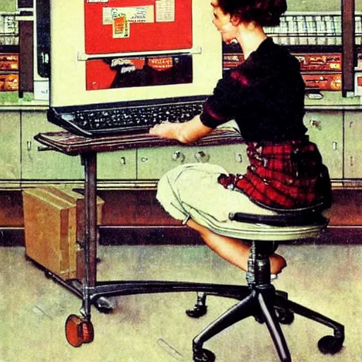 Prompt: A woman using a huge computer with cranks , art by Norman Rockwell