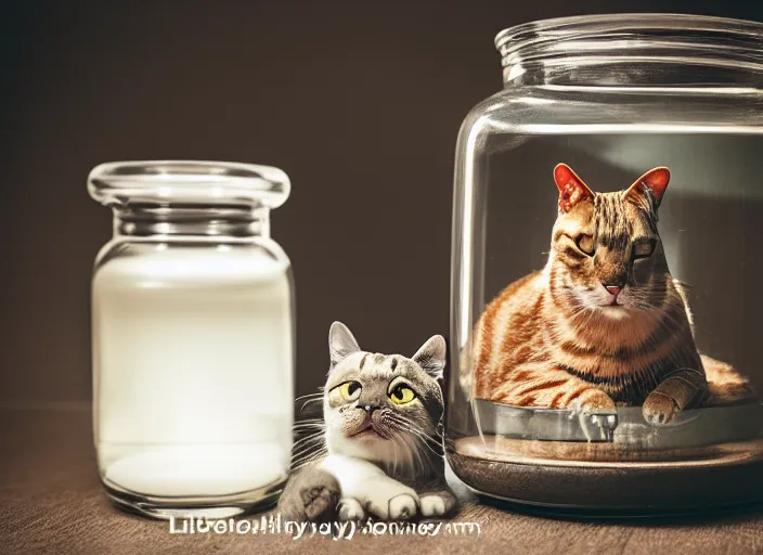 Prompt: 5 5 mm photo of a glass jar with a cat stuffed inside. fantasy magic style. highly detailed 8 k. intricate. lifelike. soft light. sony a 7 r iv 5 5 mm. cinematic post - processing