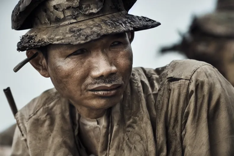 Image similar to close - up photo of smart khmer warlord in a battle scene, detailed eyes, shallow depth of field, photorealistic, cinematic lighting, lovely bokeh, warm colours, dusk