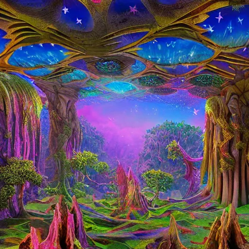 Image similar to stars lush art airbush cinematic nature photography cryengine render rich by lisa frank, antoni gaudi, john stephens, alex grey, m. c. escher, tim white, frank gehry, tomasz alen kopera