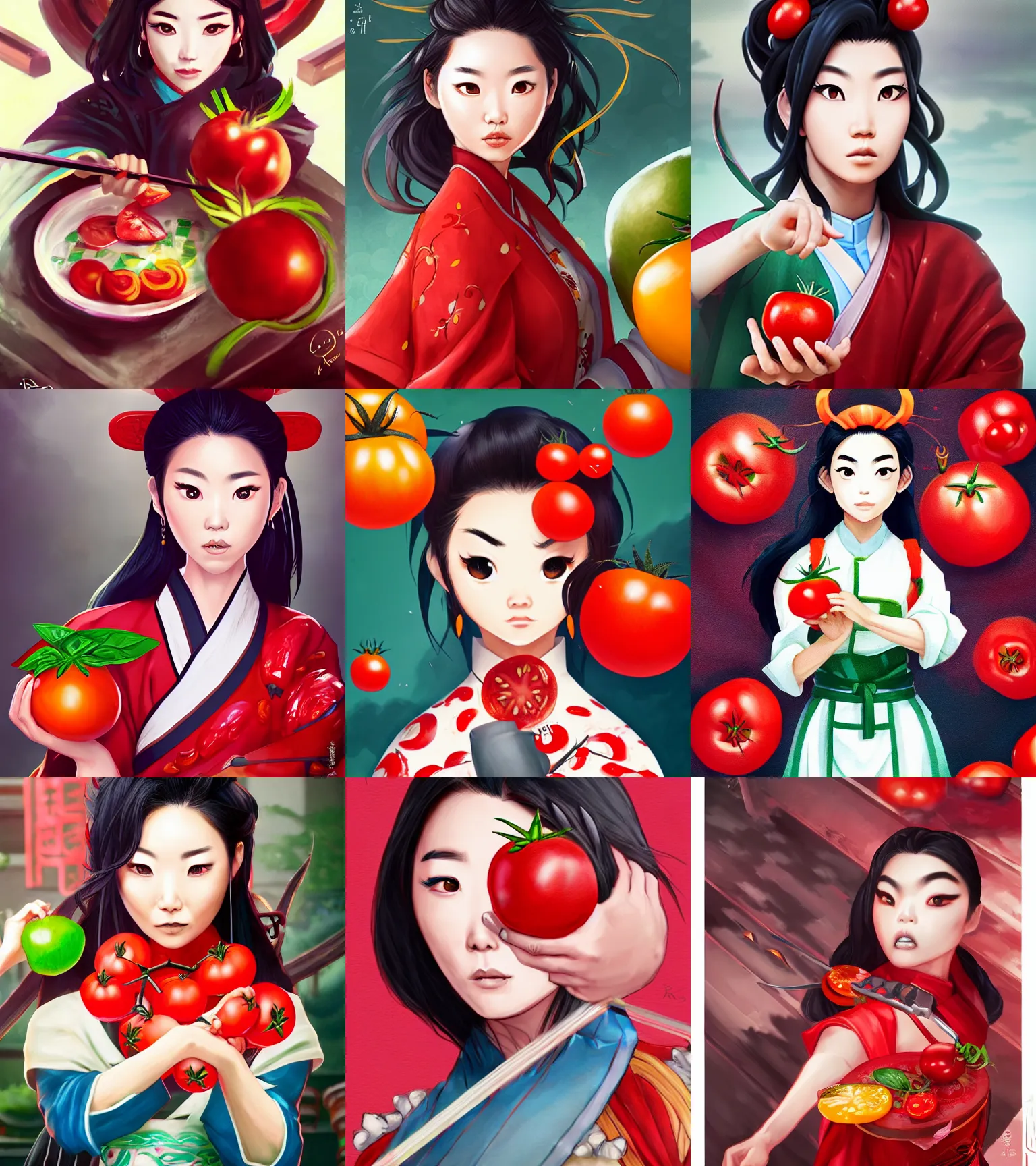 Prompt: a portrait of arden cho chef character fighting against a tomato monster by ross tran and loish, sharp focus, detailed, cinematic, hanbok