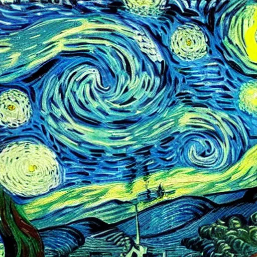 Image similar to cthulhu coming from the night sky of a city, painting by van gogh