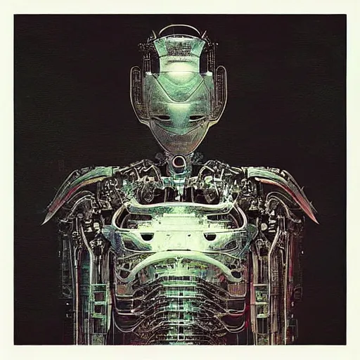 Prompt: “ a simple sci - fi concept art portrait of a sleek robot design, a highly detailed yoshitaka amano painting, by adrian ghenie and gerhard richter. art by takato yamamoto. masterpiece, deep colours. ”