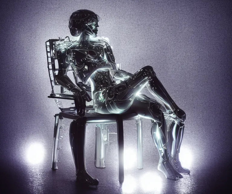 Prompt: semi - transparent glowing cyborg sitting on a metal throne, fantasy sci - fi, majestic lighting, metallic, 2 0 0 mm focus, bokeh