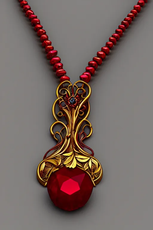 Prompt: historical, art nouveau, red gemstone necklace, gold metal, glowing inside, octane render, realistic, dramatic light, 3 d, photograph 4 k,