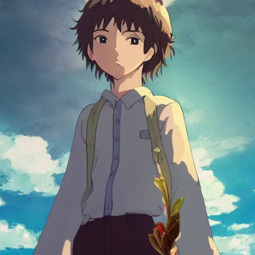 Prompt: friendly guy and small creature , with Fragile looking character portrait face made by Studio Ghibli highly detailed art, beautiful scene, sharp focus, smooth, 8k, anime art, wild, dark, fantasy, peaceful, sunshine