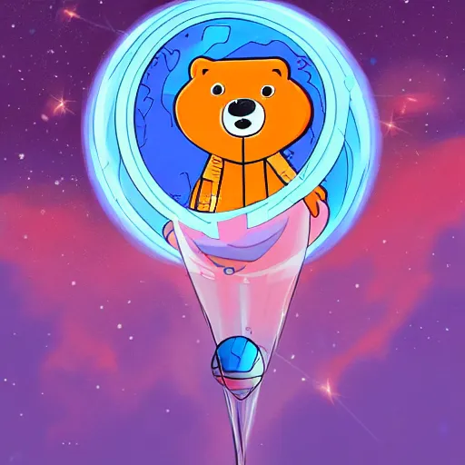 Image similar to cartoon illustration of a bear mascot being launched from a futuristic marble planet, purple and orange cloudland