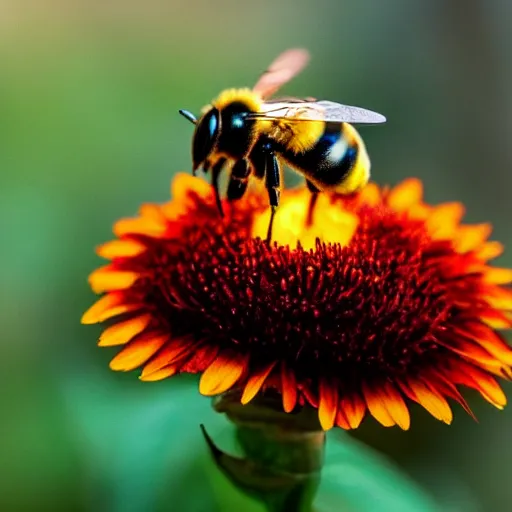 Image similar to a bee landing on a burning flower, the forest is on fire, there is fire everywhere, beautiful macro photography, perfect focus, nice composition