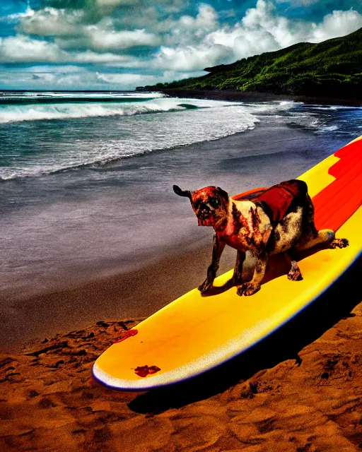 Prompt: zombie dog riding a surfboard on the north shore of hawaii, hyperreal, hdr, atmospheric