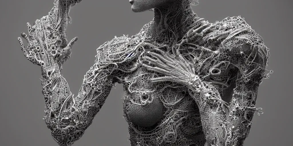 Image similar to realistic photography of a androgynous cyborg humanoid, arms reaching, grasping intricate filigree, in the style of beth cavener, jin kagetsu, wlop, highly detailed, symmetry, masterpiece, concept art, ringflash, highkey lighting, ambient lighting, softbox key light, octane render, 8 k, artstation